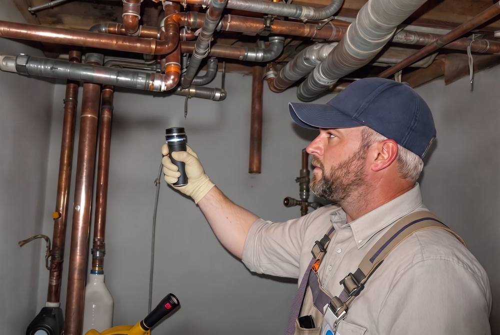 Inspecting pipes in basement